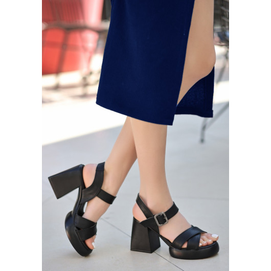 Black Leather Heeled Sandals