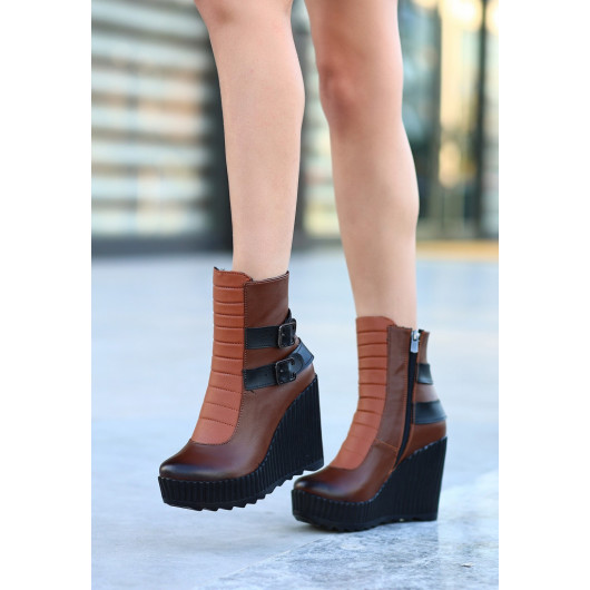 Tan Leather Wedge Heel Boots