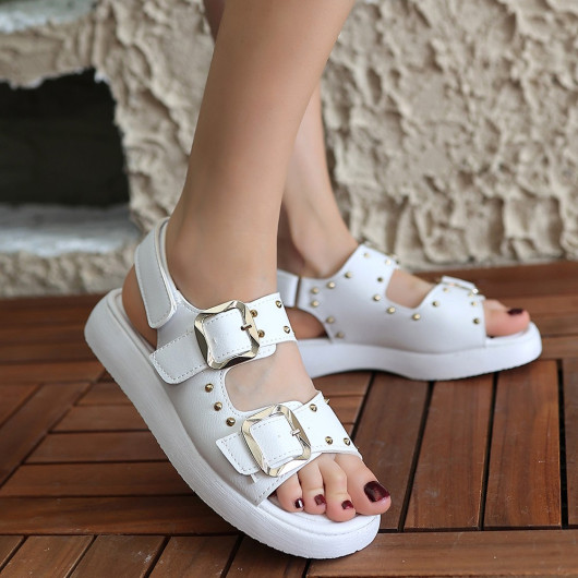 White Skin Double Buckle Sandals