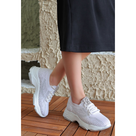 White Knit Lace-Up Sneakers