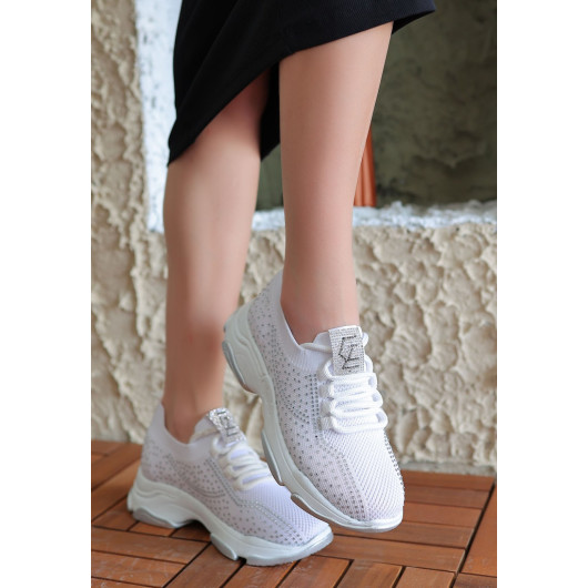 White Knit Lace-Up Sneakers