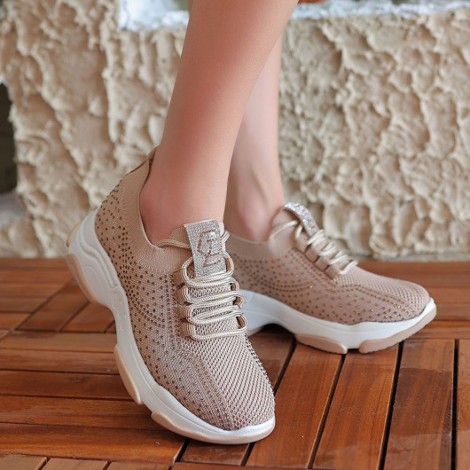 Nude Knit Lace-Up Sneakers