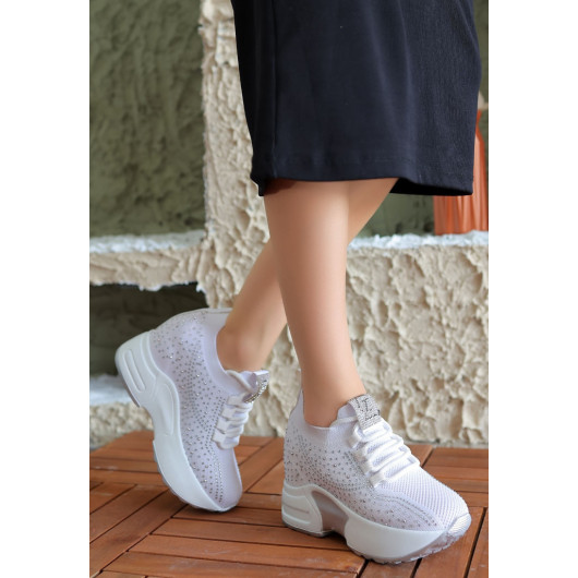 White Knit Lace-Up Sneakers