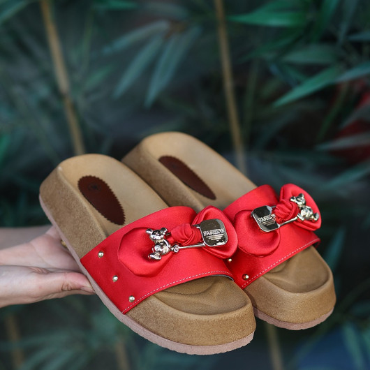 Red Satin Teddy Bear Slippers