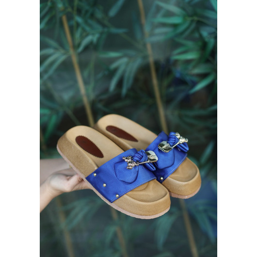 Saxe Blue Satin Teddy Bear Slippers