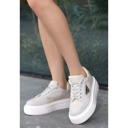 Beige Skin Lace Up Sneakers