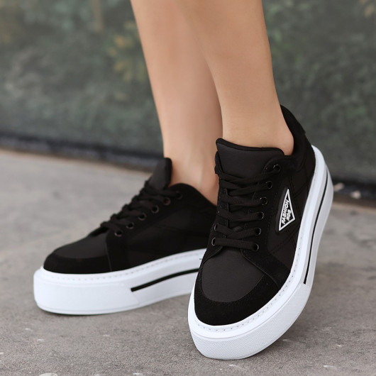 Black Skin White Sole Lace Up Sports Shoes