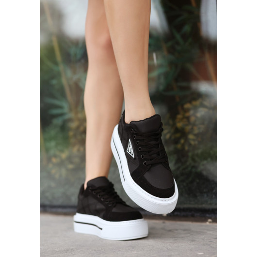 Black Skin White Sole Lace Up Sports Shoes