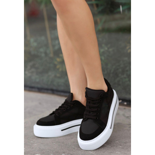 Black Skin White Based Suede Detailed Sneakers