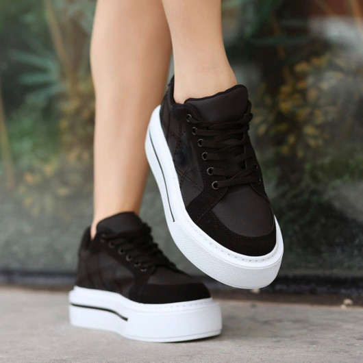 Black Skin White Based Suede Detailed Sneakers