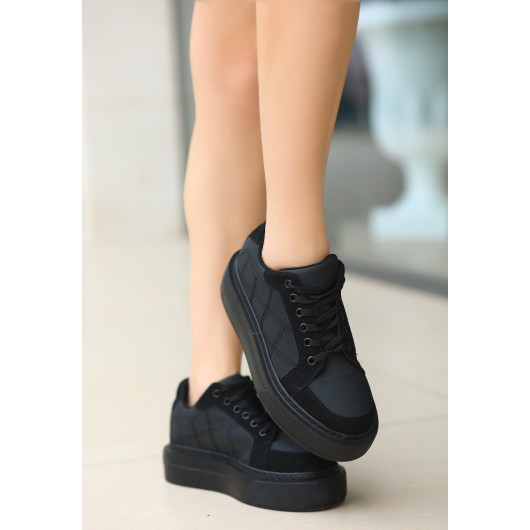 Black Skin Suede Detailed Lace Up Sneakers