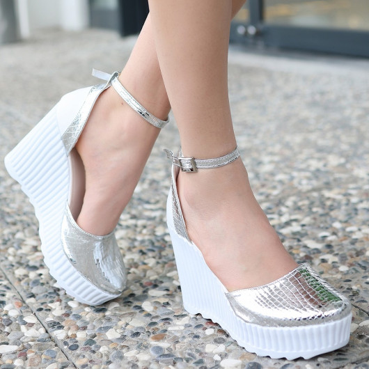 Silver Patent Leather Wedge Heel Shoes