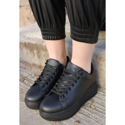 Black Leather Lace-Up Sneakers