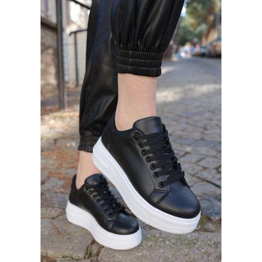 Black Skin White Sole Lace-Up Sneakers