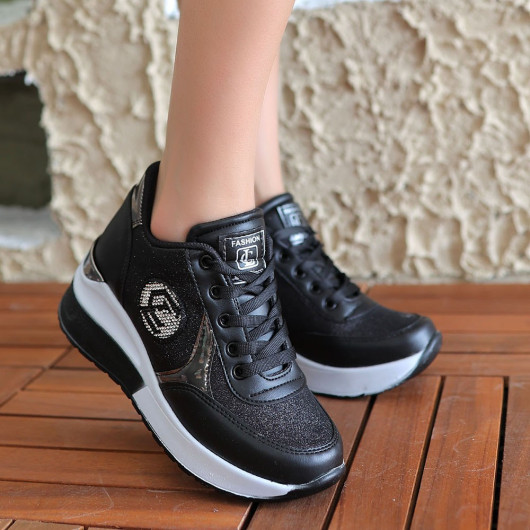 Black Leather Lace-Up Sneakers