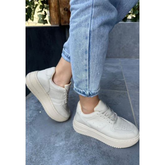 Beige Leather Lace-Up Sneakers