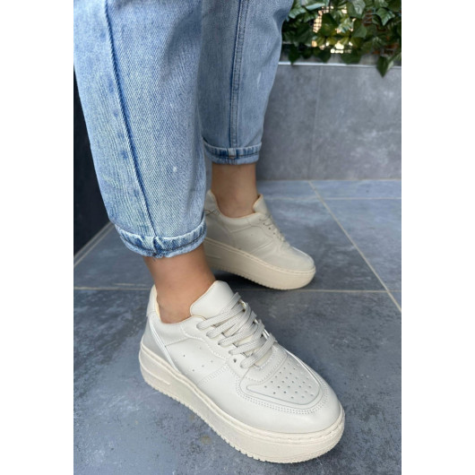 Beige Leather Lace-Up Sneakers