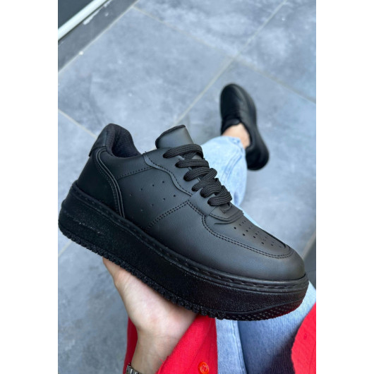 Black Leather Lace-Up Sneakers