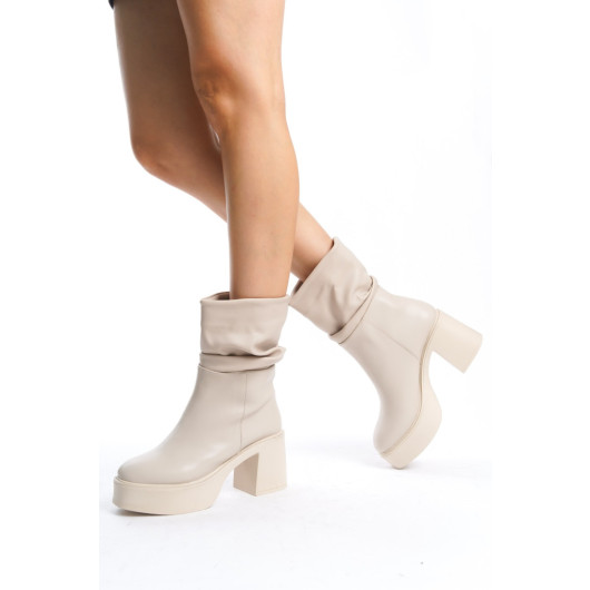 Beige Leather Gusseted Boots