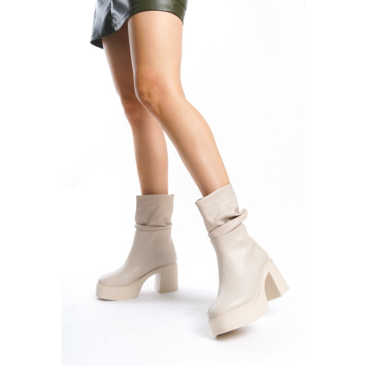 Beige Leather Gusseted Boots