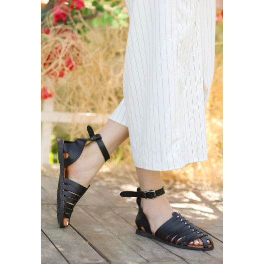 Black Leather Black Soled Sandals