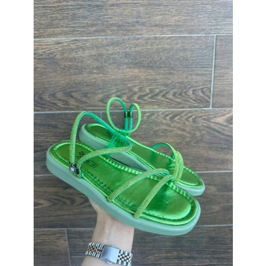 Green Skin Bead Embroidered Sandals