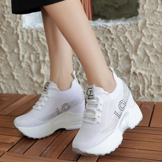 White Knit Lace-Up Sneakers