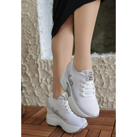 White Knit Lace-Up Sneakers