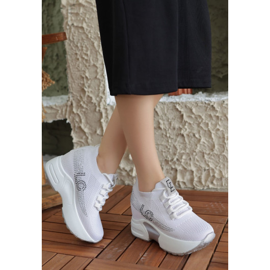 White Knit Lace-Up Sneakers