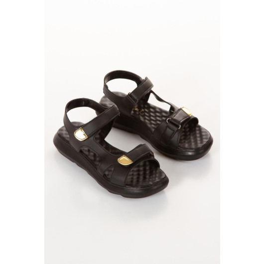 Black Leather Velcro Sandals