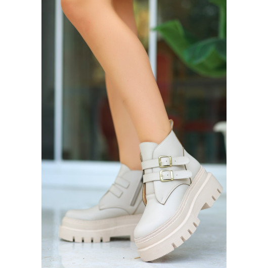 Beige Leather Belted Boots