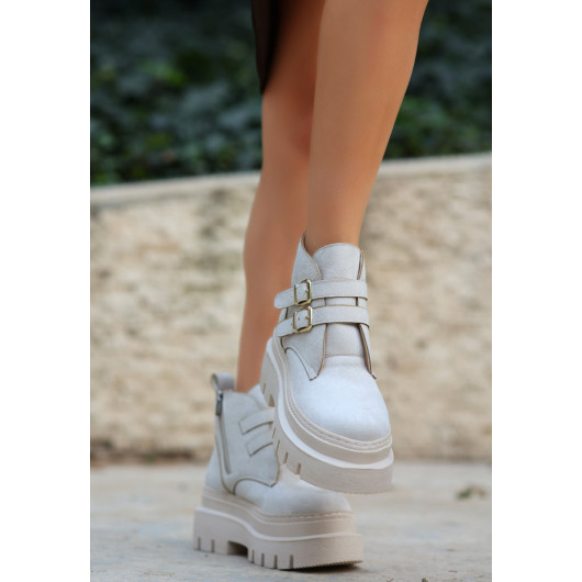 Beige Suede Belted Boots