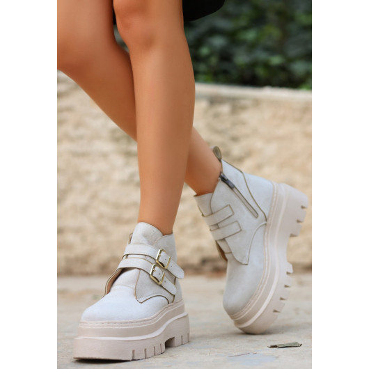 Beige Suede Belted Boots