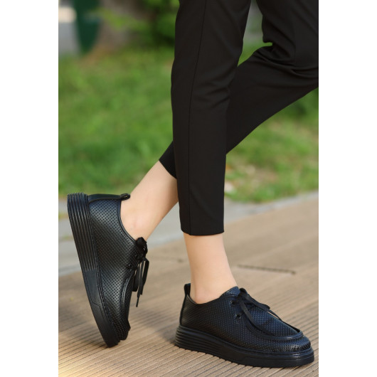 Black Leather Lace-Up Sneakers