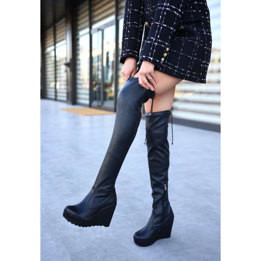 Black Leather Wedge Heel Boots