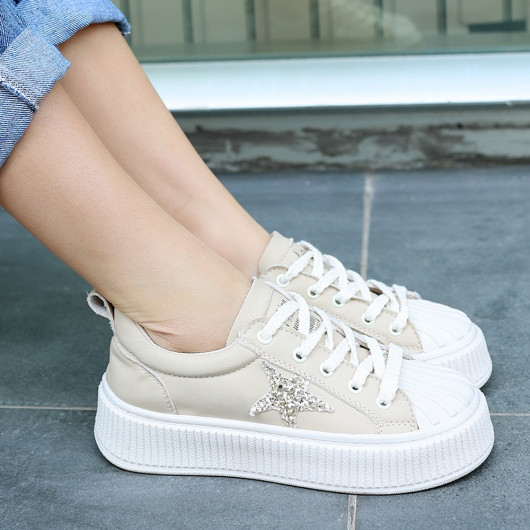 Beige Leather Lace-Up Sneakers