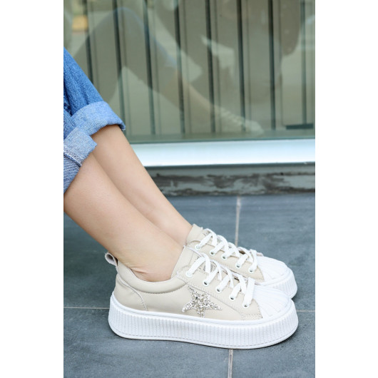 Beige Leather Lace-Up Sneakers