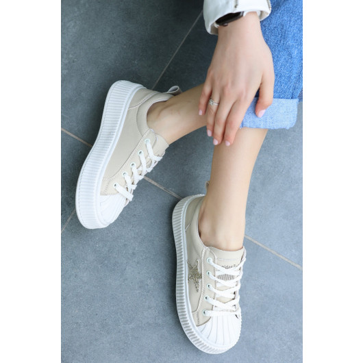 Beige Leather Lace-Up Sneakers