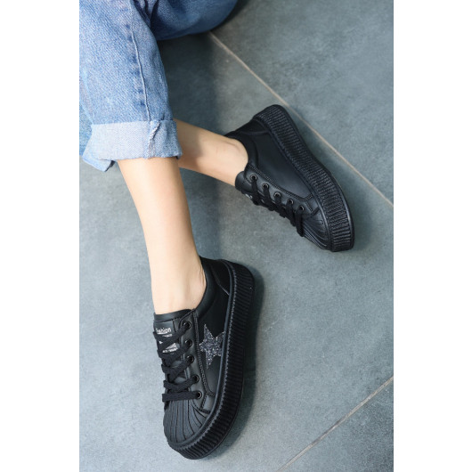 Black Leather Lace-Up Sneakers