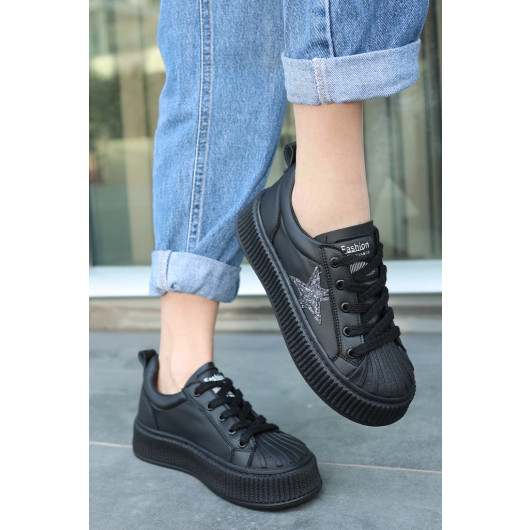 Black Leather Lace-Up Sneakers