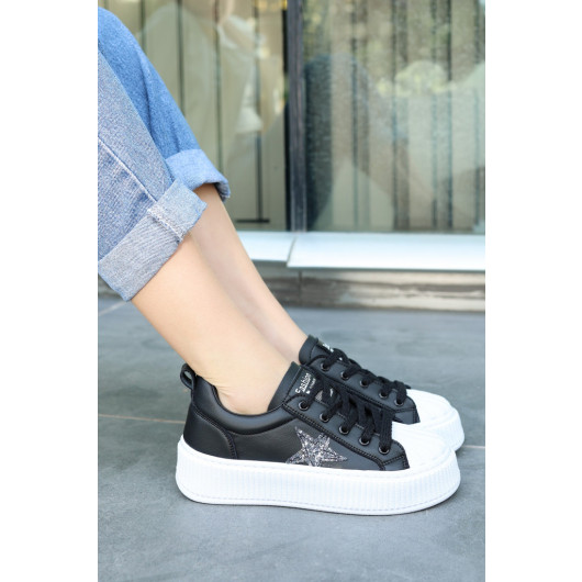 Black Skin White Sole Lace-Up Sneakers