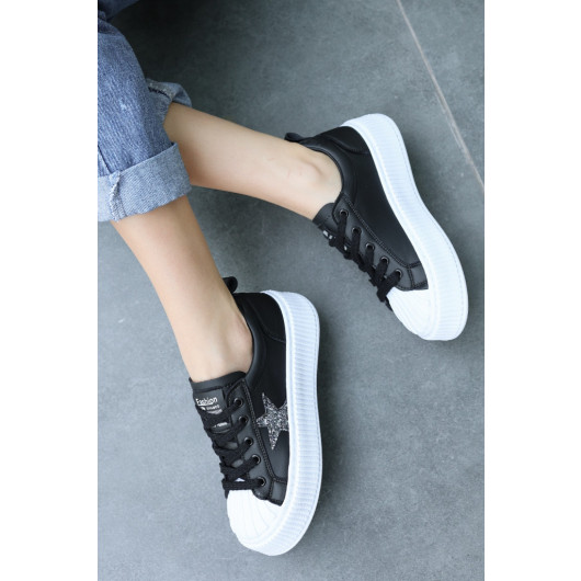 Black Skin White Sole Lace-Up Sneakers