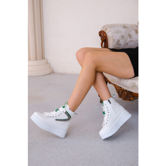 White Leather Green Detailed Lace Up Boots