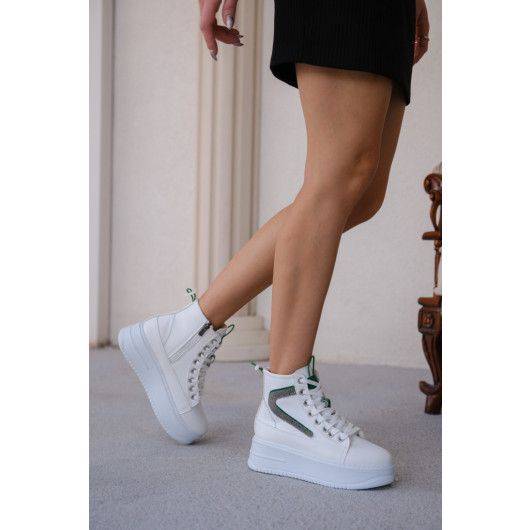 White Leather Green Detailed Lace Up Boots