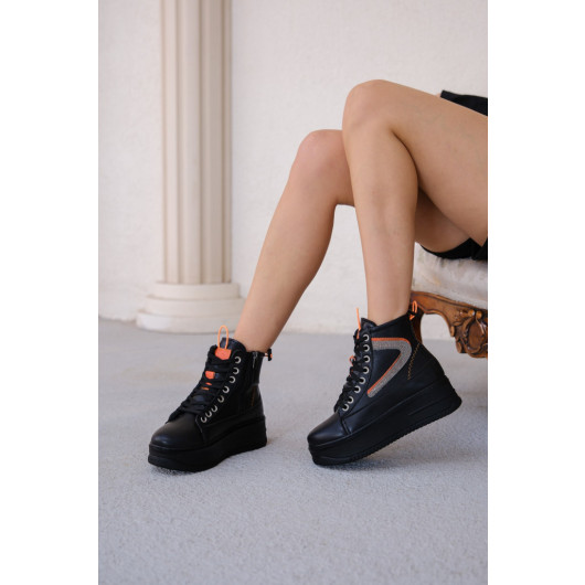 Black Skin Orange Detailed Lace Up Boots