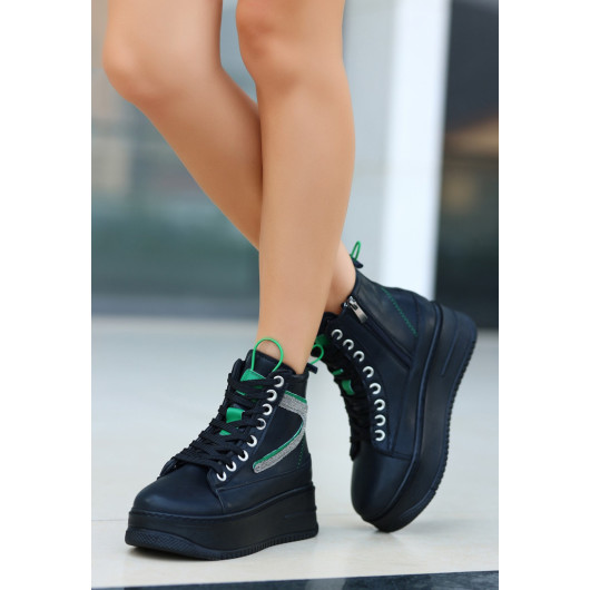 Black Skin Green Detailed Lace Up Boots