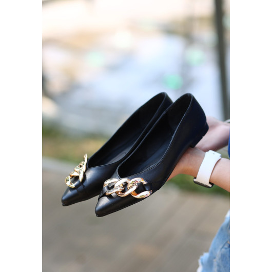 Black Leather Chain Ballerina Shoes