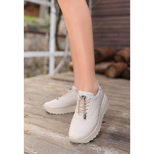 Beige Leather Lace-Up Sneakers