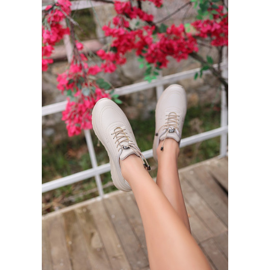 Beige Leather Lace-Up Sneakers