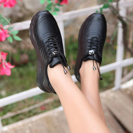 Black Leather Lace-Up Sneakers